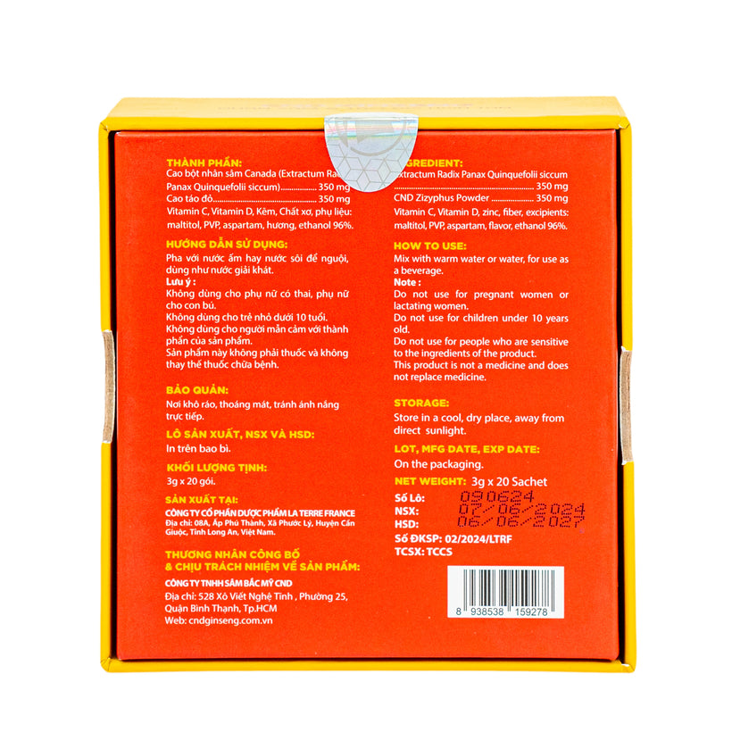 Bột Hòa Tan CND Ginseng Nhân Sâm & Táo Đỏ – Hộp 20 Gói x 3g –SBMCND08