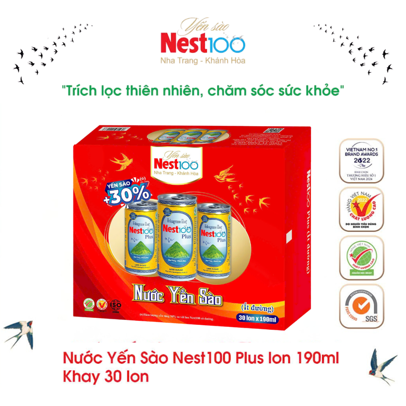 Nước yến Nest100 Plus 190ml ít đường khay 30 lon bổ dưỡng